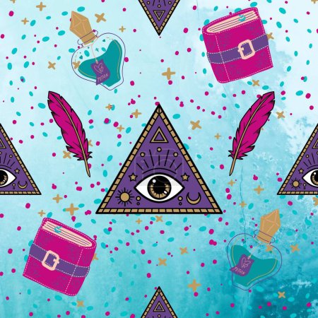 Foto de Tile background with eye on pyramid, feathers, and spellbooks. - Imagen libre de derechos