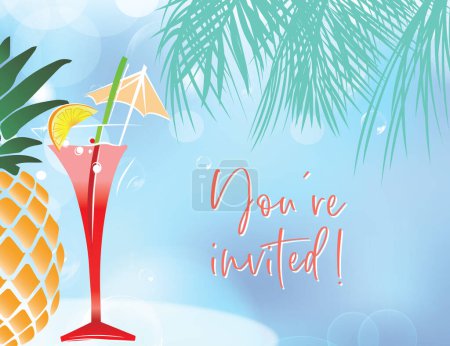 Photo for Daytime luau scene with tropical fruit drink in flute with umbrella and orange slice + pineapple, palm fronds - Royalty Free Image