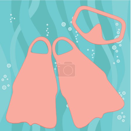Téléchargez les photos : Masque rouge fané et nageoires sur scène sous-marine sarcelle avec bulles - en image libre de droit