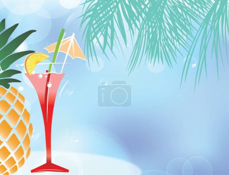Photo for Tropical party scene with festive drink, pineapple, palm fronds, generous copy space - Royalty Free Image