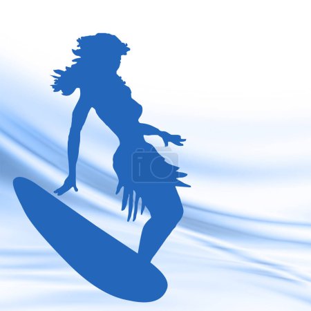 Photo for Illustration of hula girl in silhouette riding a wave - blue on blue - Royalty Free Image