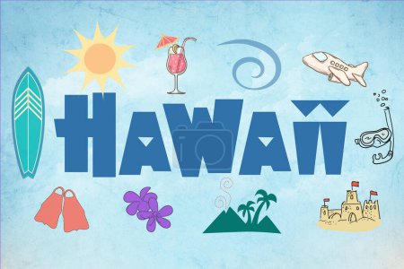 Photo for Colorful HAWAII graphic with tropical icons: sun, surf, fins, mask, volcano, plumeria, tropical drink, sand castle, surfboard and more - Royalty Free Image