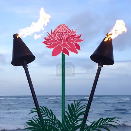 Foto de Ilustración de la flor de jengibre antorcha entre dos antorchas en llamas en la playa - Imagen libre de derechos