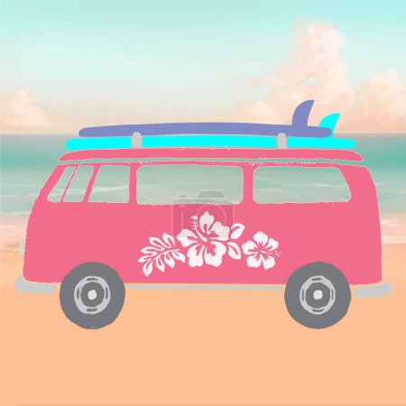 Téléchargez les photos : Camion Volkswagen vintage emblématique (VW) avec design rétro hibiscus hawaïen, planches de surf colorées sur le toit, fond océan et ciel, plage de sable au premier plan - en image libre de droit