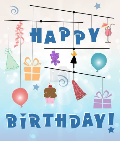Festive birthday party poster depicting a hanging mobile with balloons, streamers, gifts, party hat,  party horn, tropical drink, tropical flowers, cupcake, tiki torch, swirls, stars, and HAPPY BIRTHDAY!