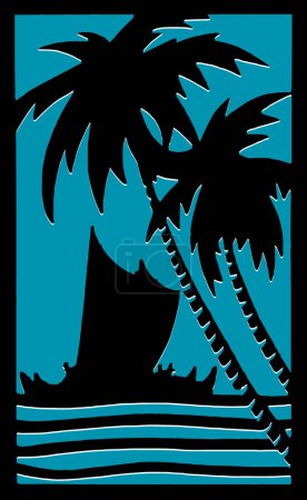 Silhouette of an outrigger voyaging canoe framed by leaning palm trees