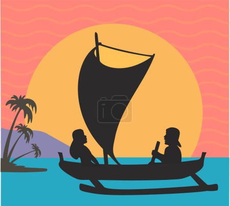 Illustration for Clean, colorful vector illustration of couple in outrigger canoe at sunset - Royalty Free Image