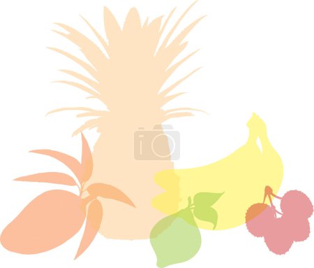 Ilustración de Colorido surtido de frutas tropicales con transparencia parcial incluyendo piña, mango, plátanos, lima y lichi - Imagen libre de derechos