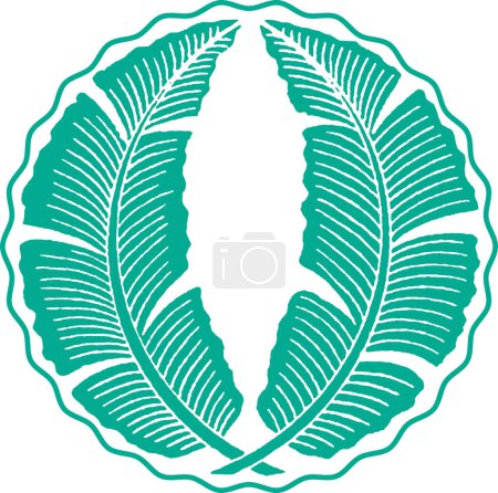 Illustration for Asian woodcut image of two banana leaves curved into a circle with a wavy border - Royalty Free Image