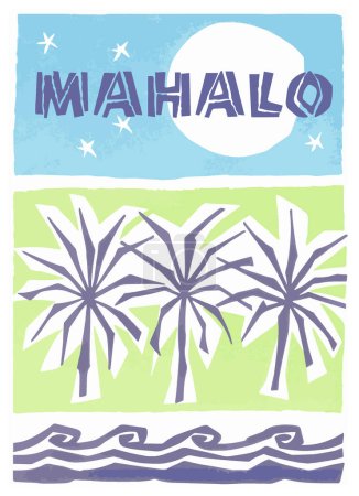 Photo for Primitive block print MAHALO (thank you) message with moon and stars, palms, and ocean waves in sky blue, lime green, and purple - Royalty Free Image