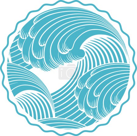 Ilustración circular de corte en madera de olas rompiendo en estilo asiático con borde de aleteo