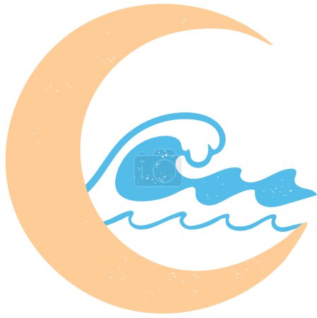 Illustration of tidal forces: a crescent moon and large breaking wave in the curl
