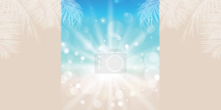 Diseño de fondo oceánico de 3 paneles. El panel central cuenta con una llamarada de sol dramática y efectos de luz bokeh sobre el océano azul / cielo y la playa de arena. Los paneles laterales dobles incluyen hojas de palma, playa de arena y espacio de copia generoso. 