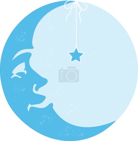 Round blue image of an animated crescent moon (man in the moon) gazing at a star that hangs from its tip