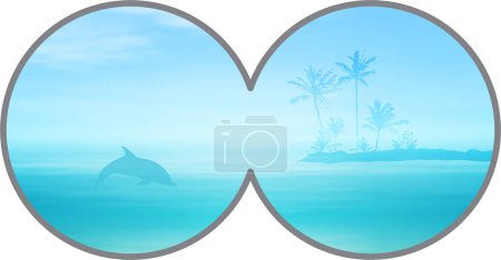 Scène océanique tropicale encadrée dans une forme binoculaire, comprenant un dauphin sautant, des palmiers et une baie tranquille