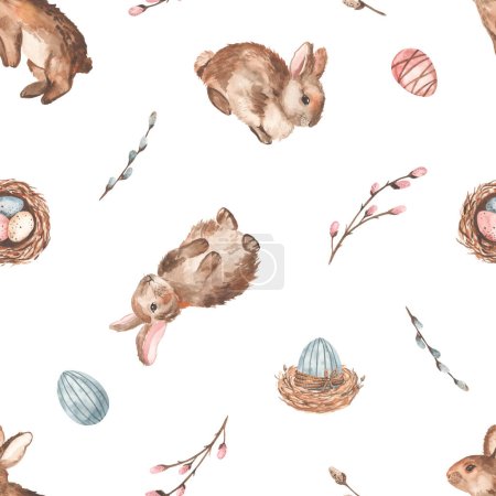 Easter bunnies, easter eggs, nests, willows, easter print Watercolor seamless pattern