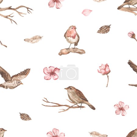 Foto de Spring birds, flowers, twigs, feathers, spring print Watercolor seamless pattern - Imagen libre de derechos