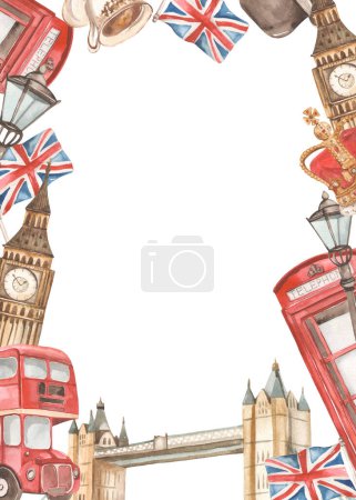 Foto de England landmarks, big ben, double decker bus, United Kingdom flag, crown, cup of tea Marco de acuarela - Imagen libre de derechos