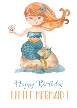 Foto de Sirenita con una sirena en una piedra con una perla Feliz cumpleaños tarjeta de acuarela - Imagen libre de derechos