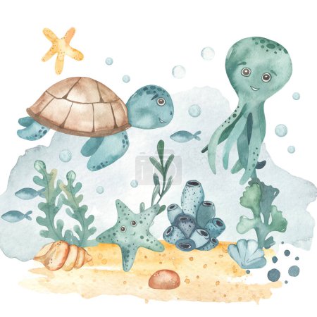 Foto de Animales marinos, pulpo, peces, tortuga marina, estrellas de mar, algas, coral, concha, fondo oceánico Composición submarina - Imagen libre de derechos