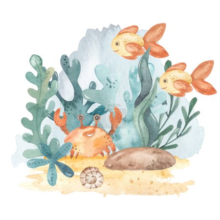 Sea animals, crab, fish, algae, corals, shell, ocean floor Underwater composition
