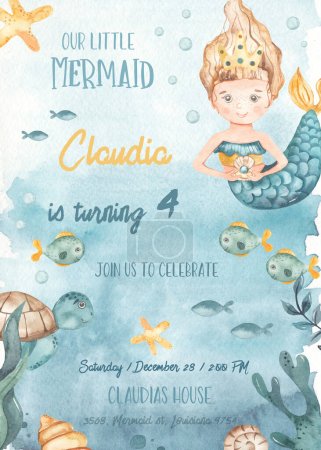 Photo for Little mermaid underwater, starfish, sea turtle, birthday invitation Watercolor card - Royalty Free Image