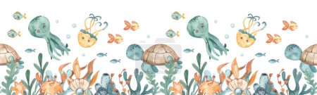 Cute sea creatures, sea turtle, octopus, jellyfish, crab, fish, starfish, algae, corals Watercolor seamless border