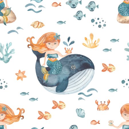 Téléchargez les photos : Mignonne fille sirène sur une baleine, pierre, poisson, crabe, coraux, coquillages Aquarelle motif sans couture - en image libre de droit