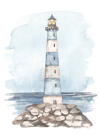Lighthouse on rocks, rocks, seashells, seascape Watercolor card