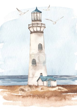 Lighthouse and house, sea, seascape, seagulls, seashore Watercolor card