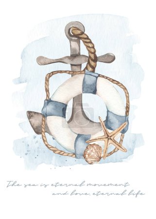Anchor, lifebuoy, starfish, nautical composition Watercolor composition