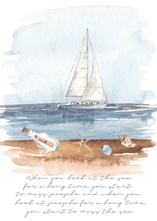Téléchargez les photos : Bord de mer, voilier, note bouteille, coquillages, paysage marin Aquarelle carte - en image libre de droit