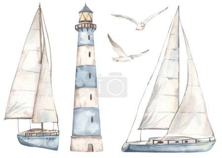 Sailboat, ship, yacht, seagulls, lighthouse, nautical set, for postcards, invitations Watercolor