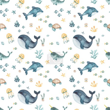 Photo for Sea creatures, marine animals, rbs, jellyfish, whale, narwhal, dolphin, corals, algae, shells, starfish on a white background Watercolor seamless pattern - Royalty Free Image