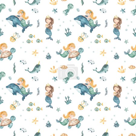 Photo for Cute mermaid girl on a dolphin, sea turtle, shell, fish, octopus, starfish, algae, corals, shells on a white background Watercolor seamless pattern - Royalty Free Image