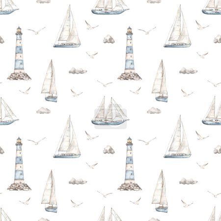 Téléchargez les photos : Yacht, voilier, phare, mer, mouettes, nuages sur fond blanc, motif nautique Aquarelle motif sans couture - en image libre de droit