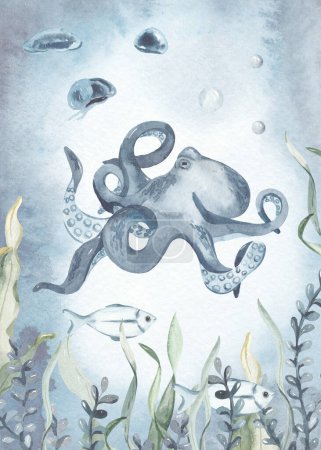 Foto de Pulpo, medusas, algas, peces para invitaciones, Tarjeta acuarela del mundo submarino - Imagen libre de derechos
