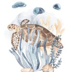 Sea turtle, corals, algae, jellyfish for invitations, Watercolor card of the underwater world