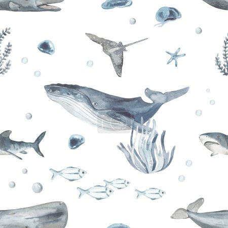 Underwater creatures, sperm whale, whale, fish, shark, stingray in blue Watercolor seamless pattern 