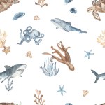 Underwater creatures, dolphin, shark, sea turtle, octopus, algae, corals in blue Watercolor seamless pattern