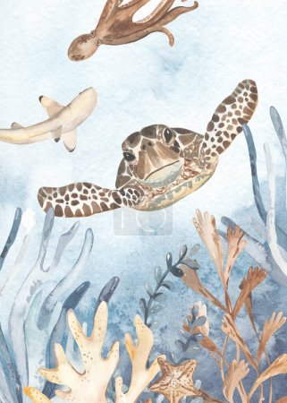 Octopus, sea turtle, algae, fish for invitations, postcards Watercolor card of the underwater world