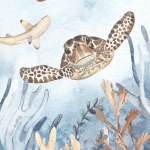 Octopus, sea turtle, algae, fish for invitations, postcards Watercolor card of the underwater world