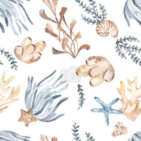 Underwater plants, algae, corals, starfish Watercolor seamless pattern