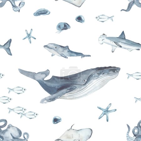 Unterwasserwesen, Wale, Quallen, Haie, Delfine, Tintenfische in blauem Aquarell mit nahtlosem Muster