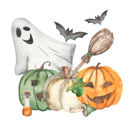 Foto de Patrón sin costura de Halloween con camioneta y calabazas, fantasma, murciélago, araña, textura Acuarela - Imagen libre de derechos