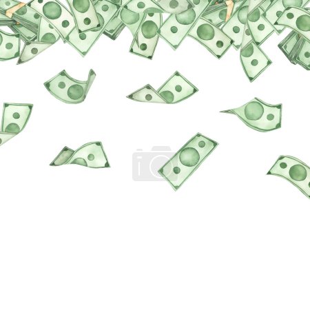 Foto de Dólares, dinero, facturas verdes, riqueza, caída de dinero para invitaciones Banner acuarela - Imagen libre de derechos