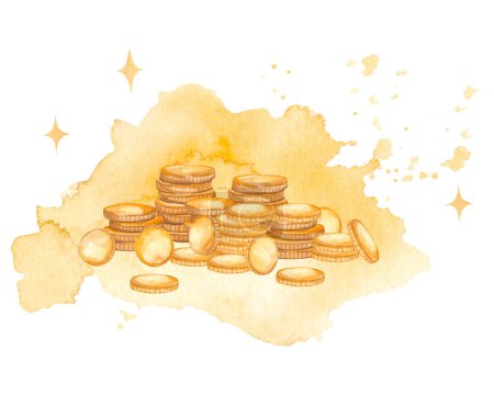 Foto de Monedas, oro con mancha de acuarela, riqueza para tarjetas Composición acuarela - Imagen libre de derechos
