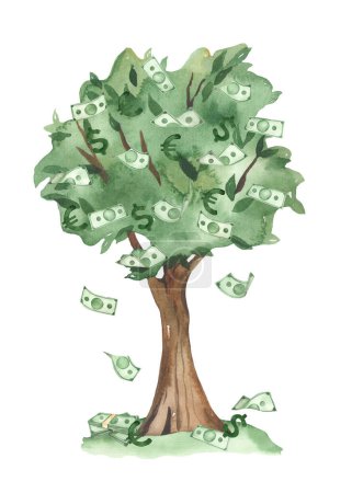Foto de Árbol de dinero, billetes verdes, dólares, euros, dinero que cae para postales Tarjeta de acuarela - Imagen libre de derechos