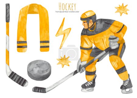 Hockey player, stick, puck, fan scarf for cards, invitations, boys Watercolor clipart Hockey 