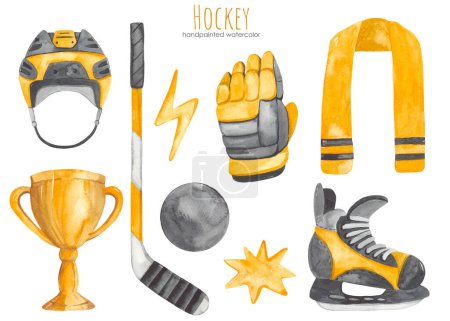 Hockey stick, gloves, helmet, skates, cup, puck, for cards, invitations, boys Watercolor clipart Hockey 